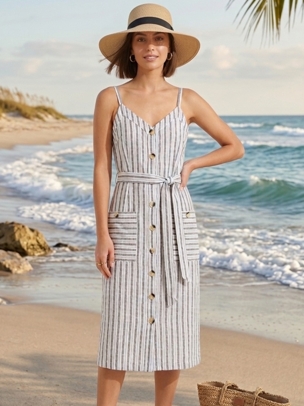 Vacation 100% Cotton White and Sage Green Striped Sleeveless Midi Dress